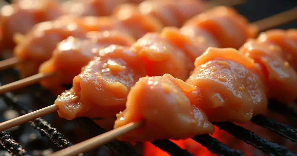 Various types of meats commonly eaten in Asian street food, such as pork, chicken, beef, and seafood.