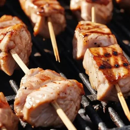 Grilled Asian street meat skewers with lemongrass and peanut sauce