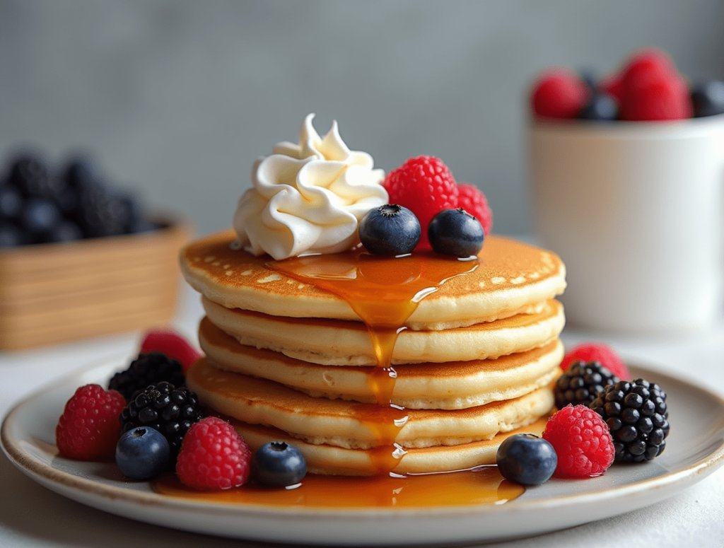 Flat-lay of pancake ingredients: flour, eggs, milk, butter, and sourdough discard on a wooden countertop with a whisk and bowl.
