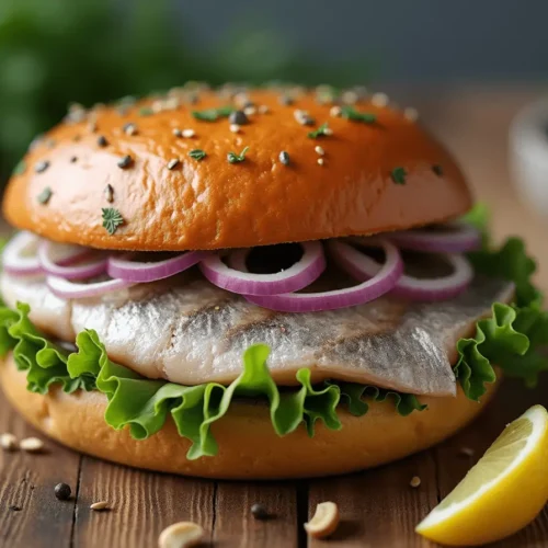 Matjesbrötchen sandwich with herring, onions, and pickles