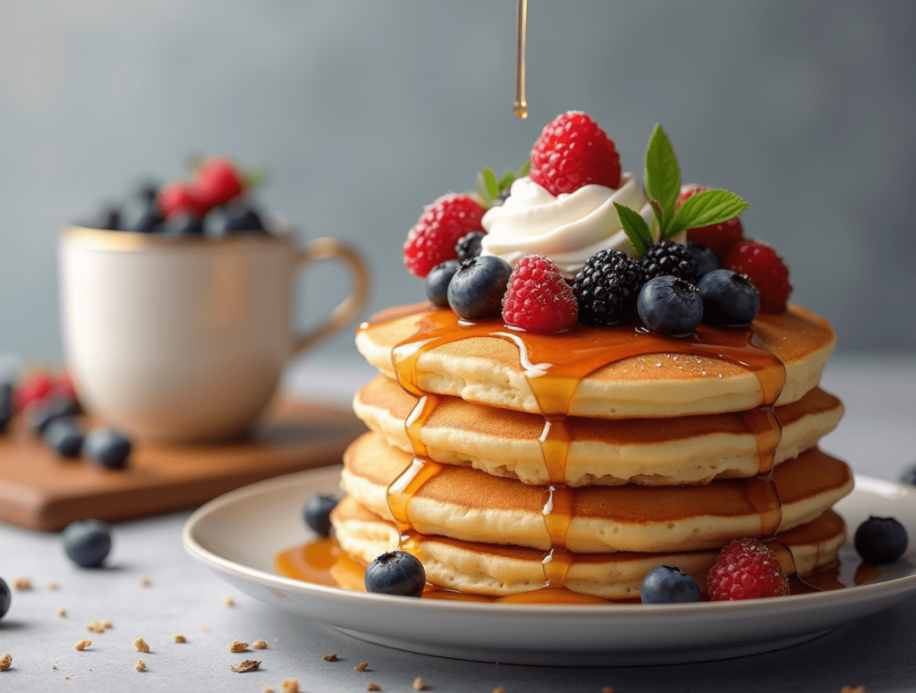Flat-lay of pancake ingredients: flour, eggs, milk, butter, and sourdough discard on a wooden countertop with a whisk and bowl.
