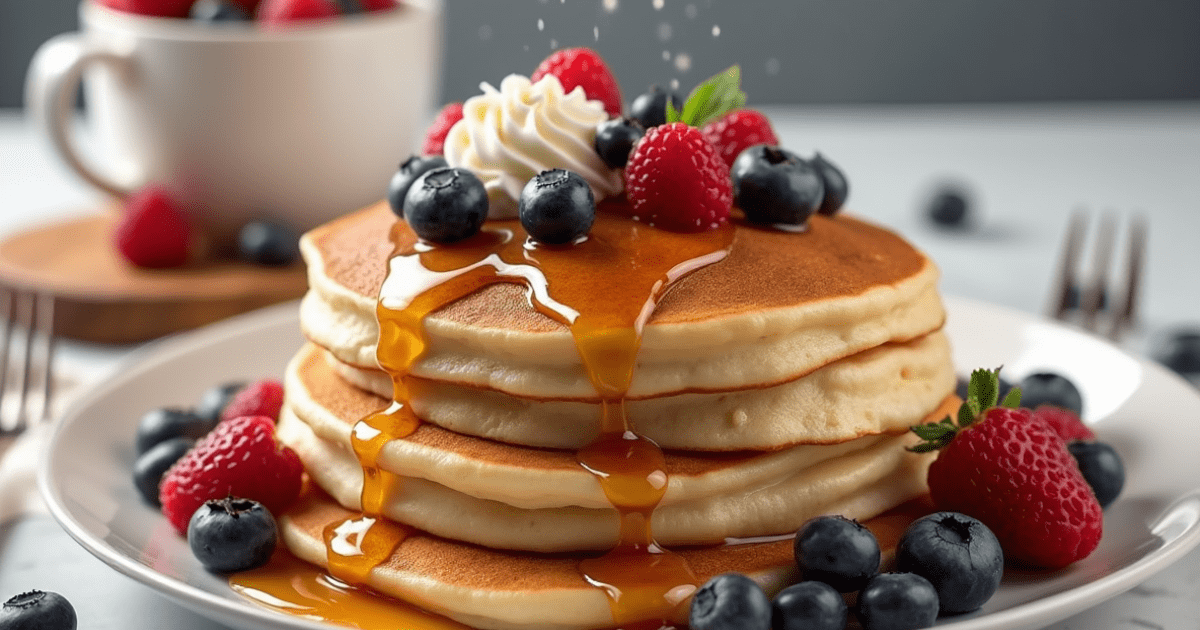 Golden sourdough discard pancakes served with fresh fruits and syrup