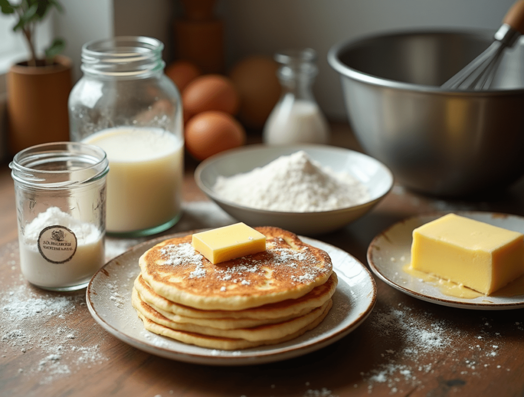 Golden sourdough discard pancakes served with fresh fruits and syrup.
