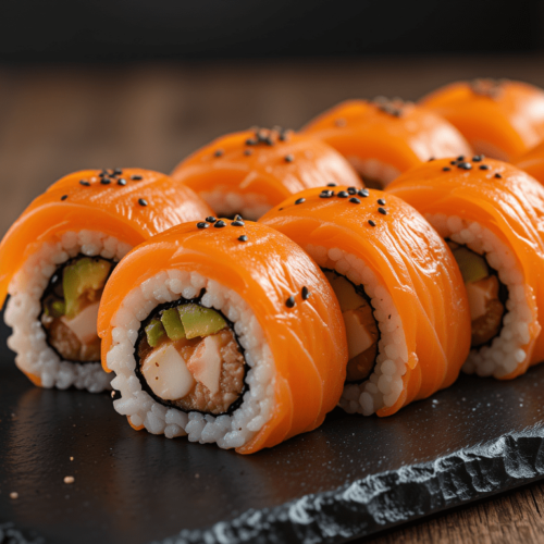 Sushi order topped with salmon served with soy sauce and wasabi