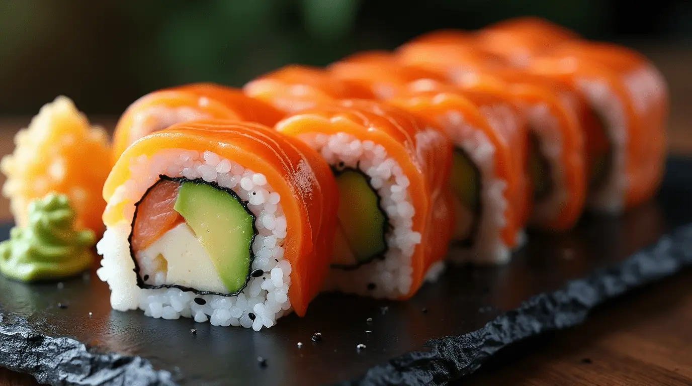 Sushi order topped with fresh salmon, featuring a perfect balance of vinegared rice and delicate fish slices