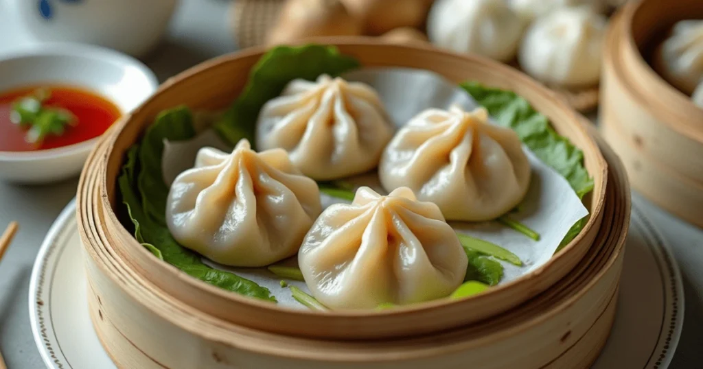 Plate of homemade vegan soup dumplings with dipping sauce
