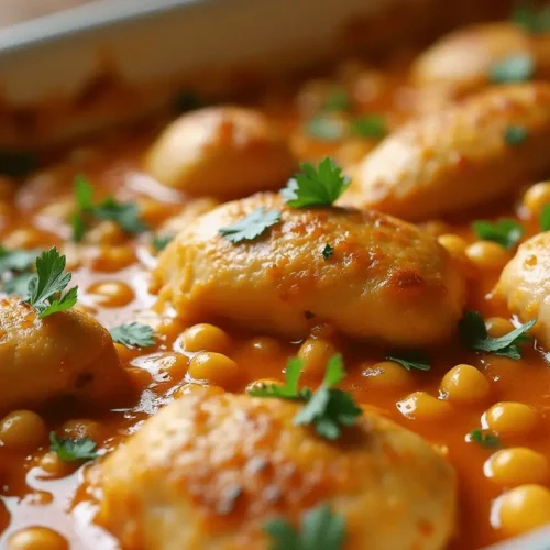 Golden chicken thighs hominy casserole garnished with fresh thyme in a white baking dish