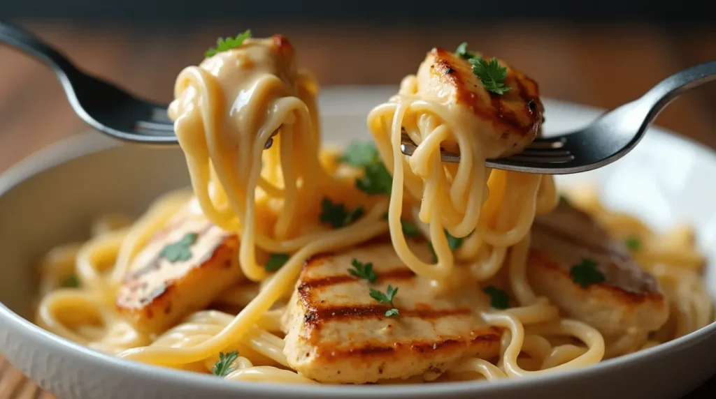 Cheesy Chicken Alfredo from justalittlebite recipes, garnished with fresh parsley