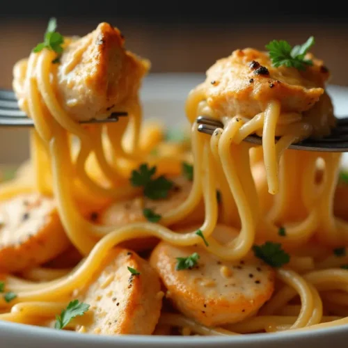 Cheesy Chicken Alfredo from justalittlebite recipes, garnished with fresh parsley