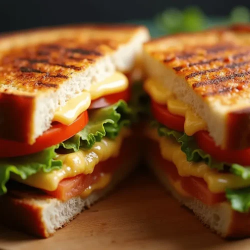 Close-up of a freshly made knob sandwich with sourdough bread, layers of ham, lettuce, tomato, cucumber, and melted cheddar cheese, served on a wooden board.