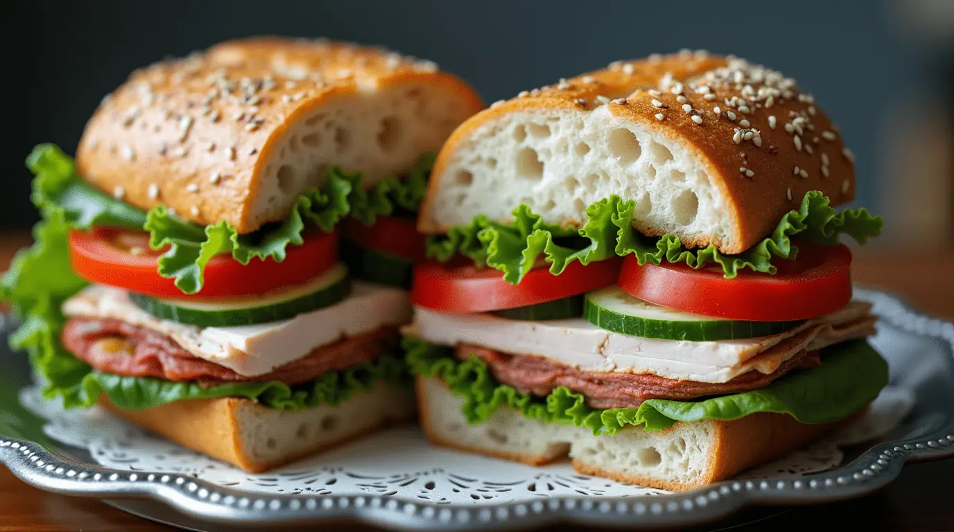 Close-up of a freshly made knob sandwich with sourdough bread, layers of ham, lettuce, tomato, cucumber, and melted cheddar cheese, served on a wooden board.