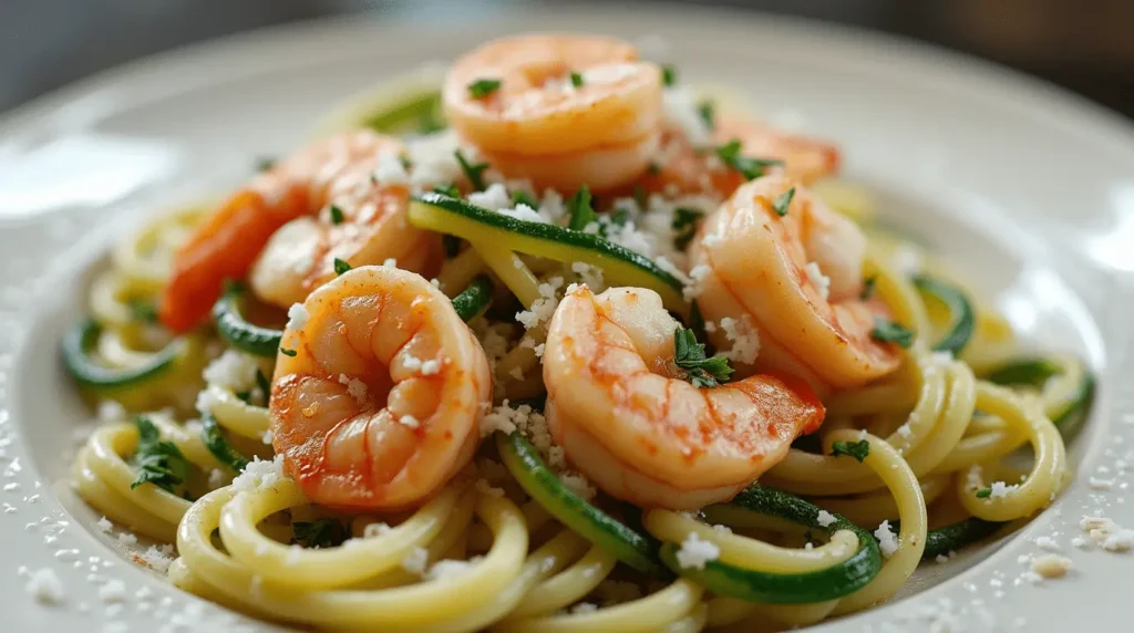 Pesto langostino zucchini noodles with fresh seafood and Parmesan, low-carb healthy dinner