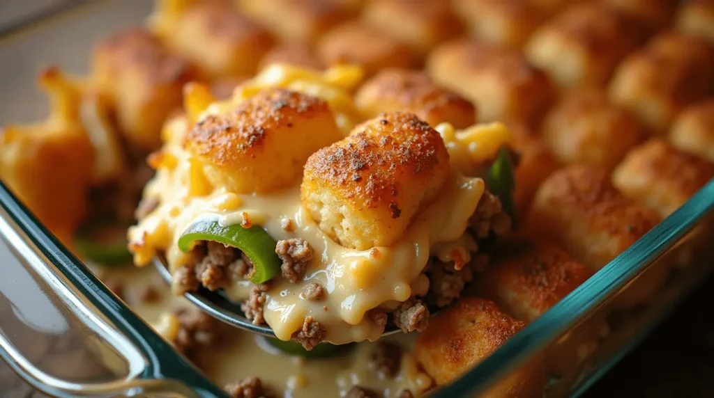 Rick Nolan Hotdish Recipe with crispy tater tots, ground beef, and creamy vegetable filling