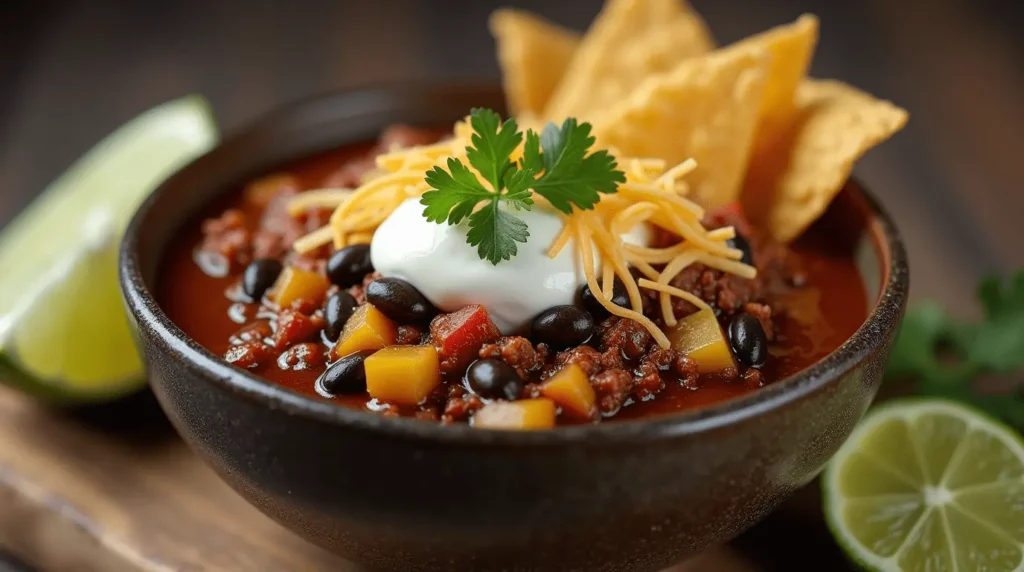 A bowl of chilled Taco Soup Frios Recipe topped with shredded cheese, sour cream, tortilla chips, and fresh cilantro, served with lime wedges and a Tex-Mex garnish.