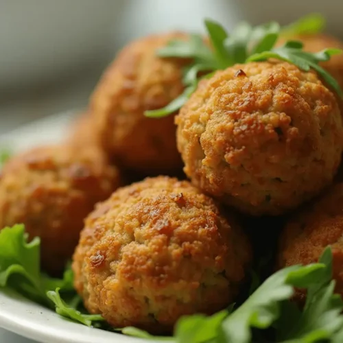 Crispy lupin falafels served with tahini sauce, fresh parsley, and a side of hummus on a rustic plate.