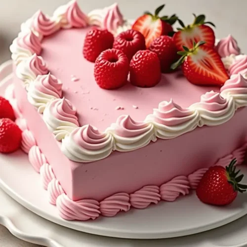 Heart shaped cake with pastel buttercream frosting, fresh raspberries, and decorative piping. Perfect for Valentine’s Day or special occasions.