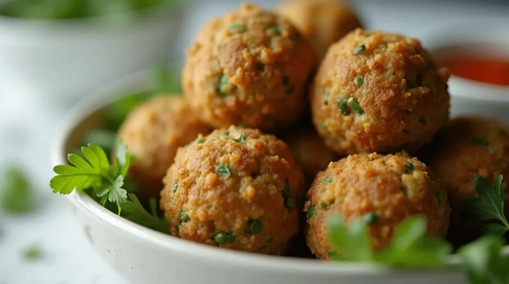 Crispy lupin falafels served with tahini sauce, fresh parsley, and a side of hummus on a rustic plate