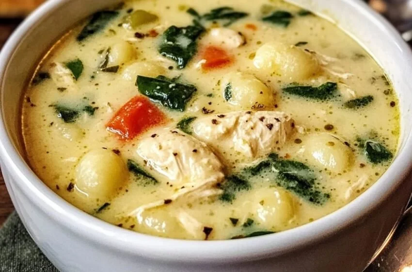Bowl of hearty Chicken Gnocchi Soup with vegetables and chicken
