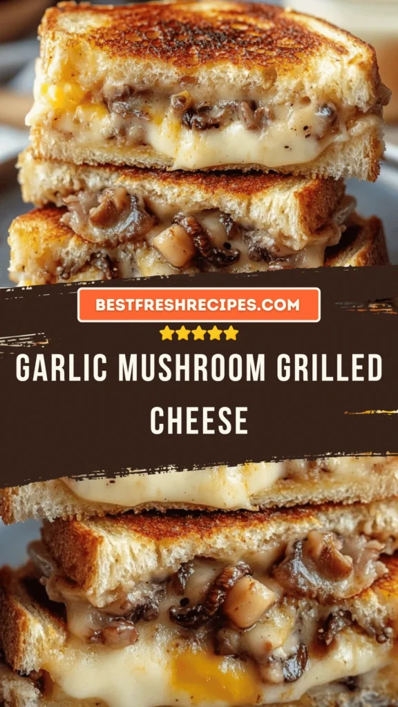 Delicious garlic mushroom grilled cheese sandwich with golden crust and melted cheese