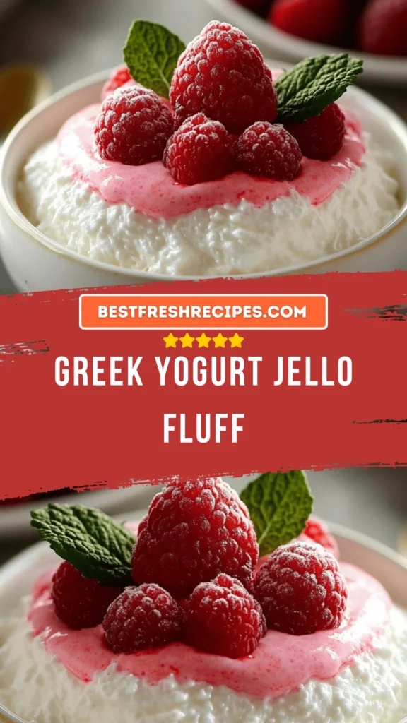 A bowl of Greek Yogurt Jello Fluff dessert topped with fruit.