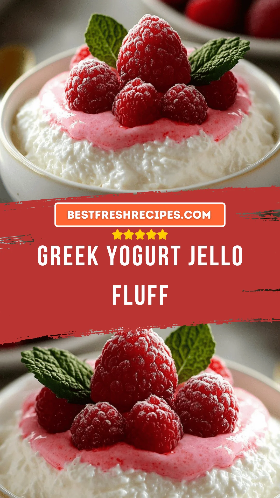 A bowl of Greek Yogurt Jello Fluff dessert topped with fruit.