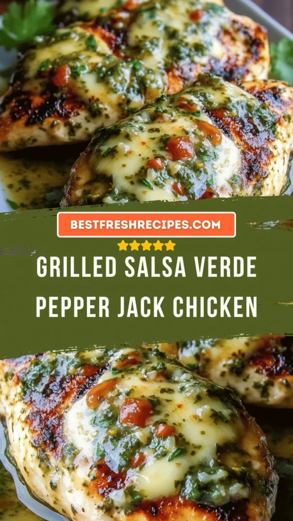 Grilled Salsa Verde Pepper Jack Chicken garnished and ready to serve.