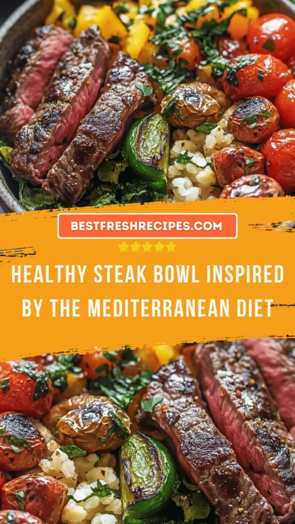 Healthy Mediterranean-inspired steak bowl loaded with fresh ingredients.