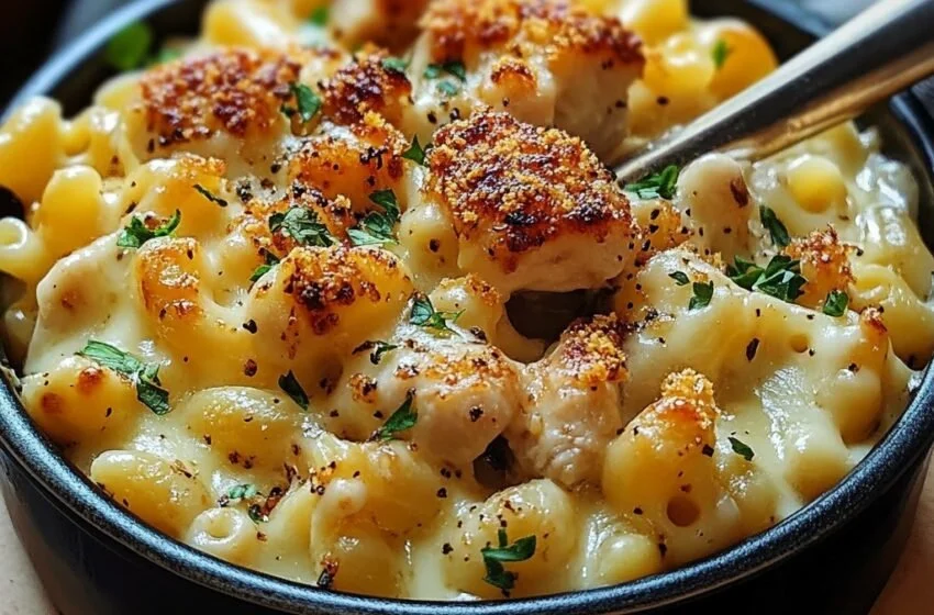 Creamy Honey Pepper Chicken Mac Cheese topped with herbs and spices
