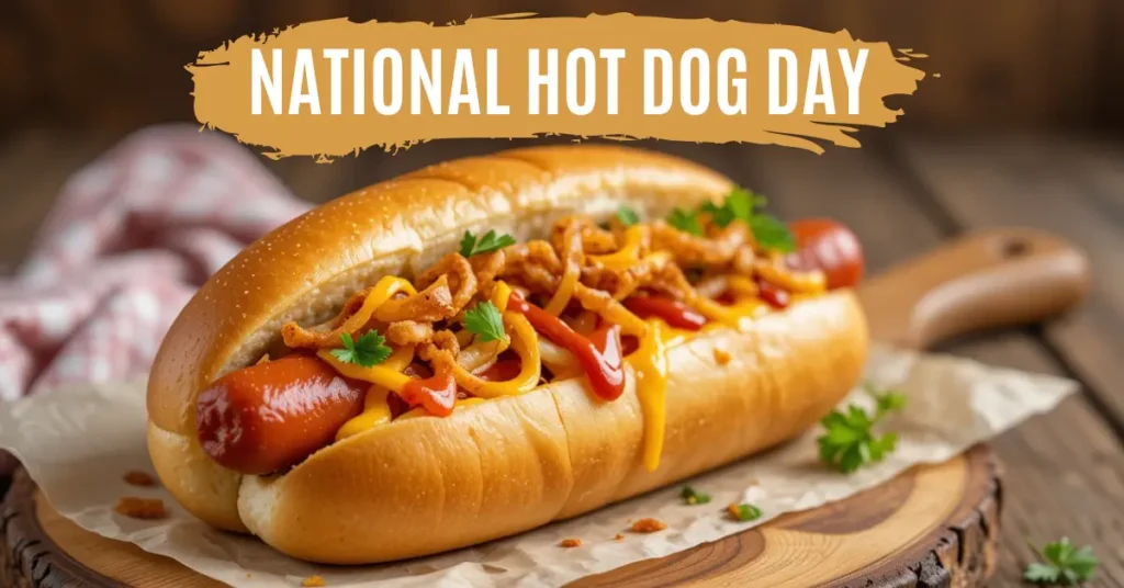 Gourmet hot dog topped with cheese, onions, and mustard on toasted brioche bun – National Hot Dog Day recipe celebration