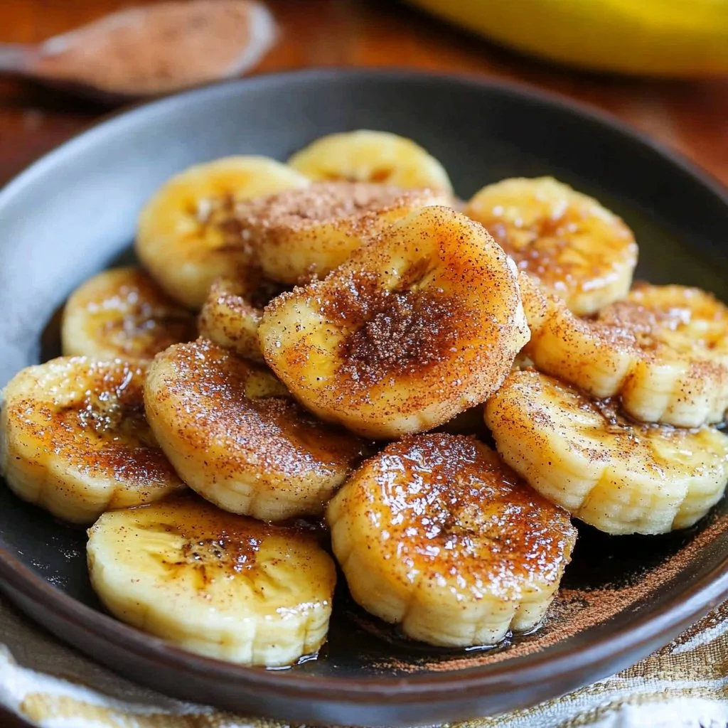 Pan fried cinnamon bananas served on a plate with a sprinkle of cinnamon.