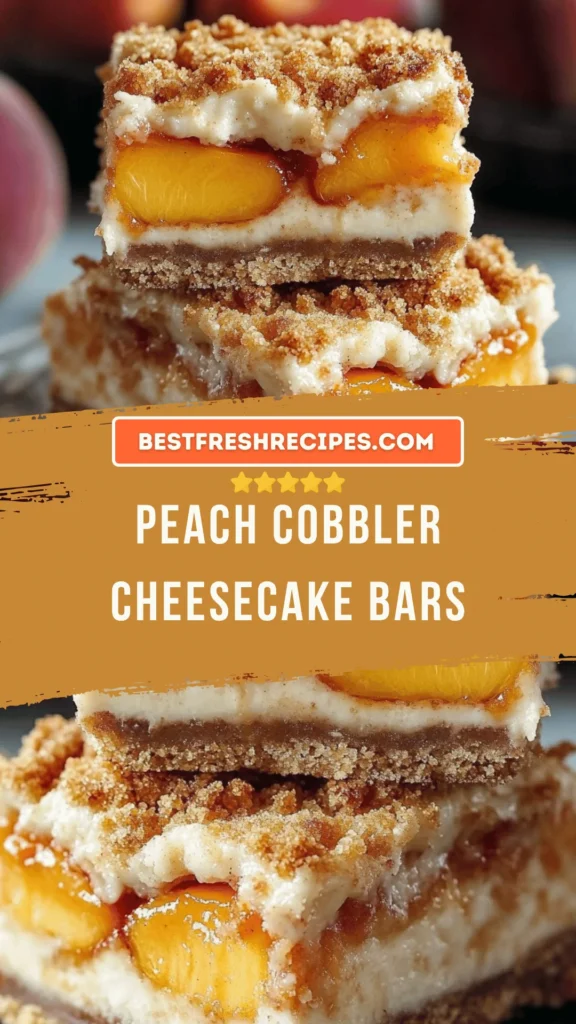 Peach Cobbler Cheesecake Bars with a golden crust and peach topping