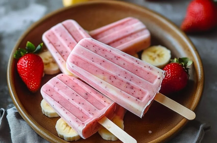 Homemade Strawberry Banana Popsicles served in colorful molds