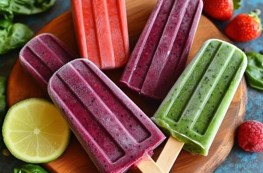 Colorful veggie smoothie pops made with fresh vegetables and fruits.