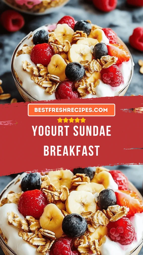 Yogurt sundae breakfast with toppings of fruits and granola