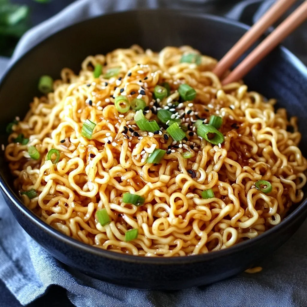 Bowl of quick and delicious sesame garlic ramen noodles topped with green onions.