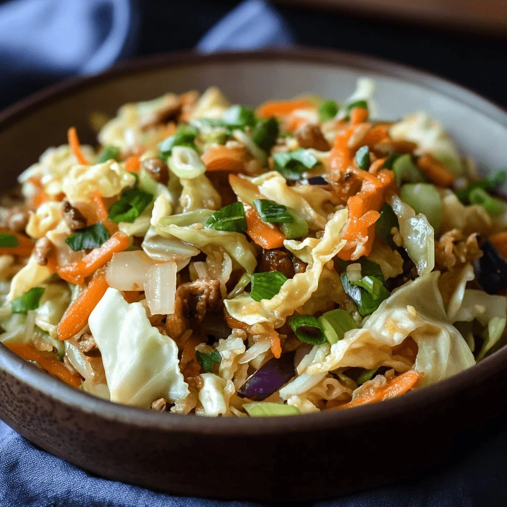 Bowl of Asian cabbage stir fry with colorful vegetables and sesame seeds
