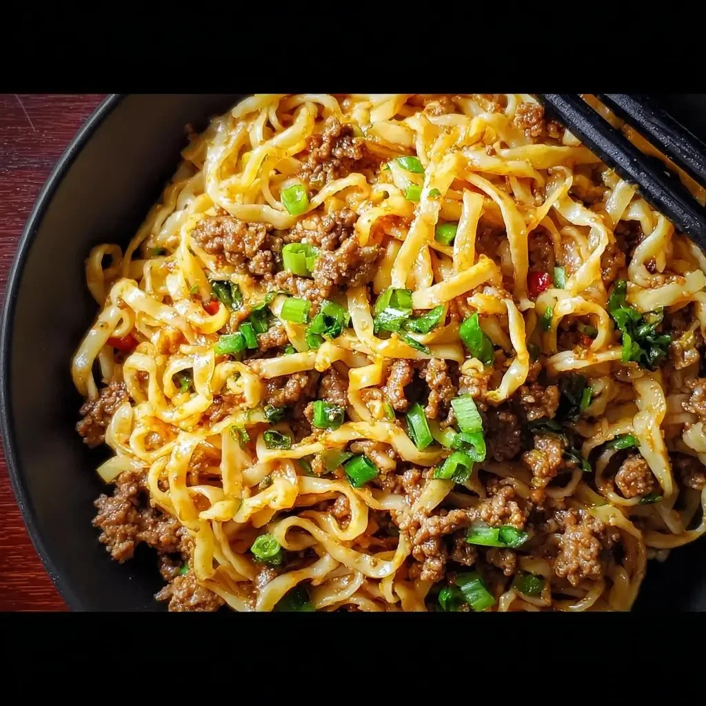Delicious Asian ground beef noodles served with vegetables