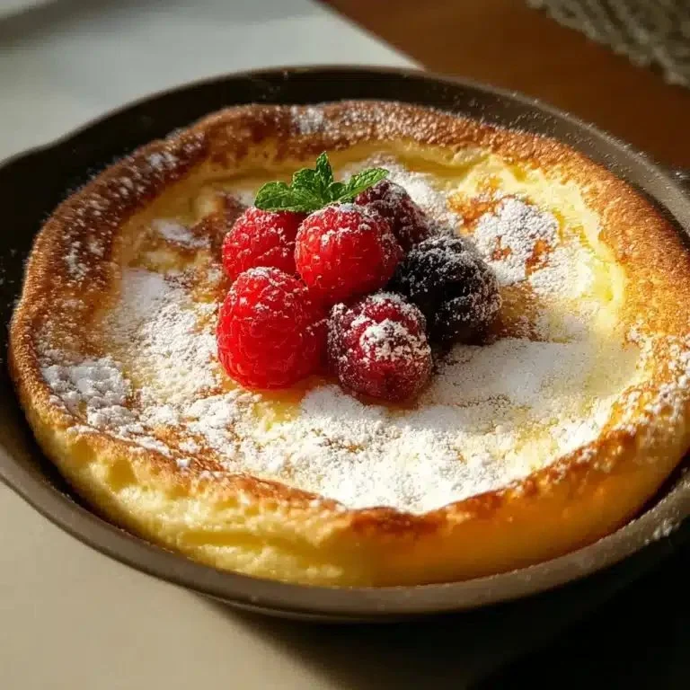 Deliciously fluffy baked German pancake topped with fruit and powdered sugar.