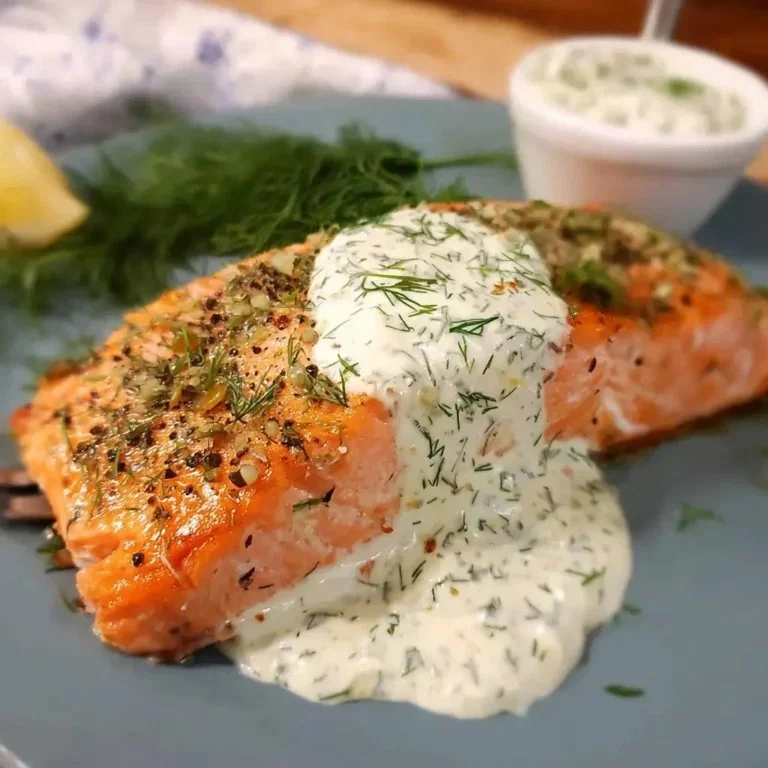 Baked Keto Salmon on a plate with herbs and lemon