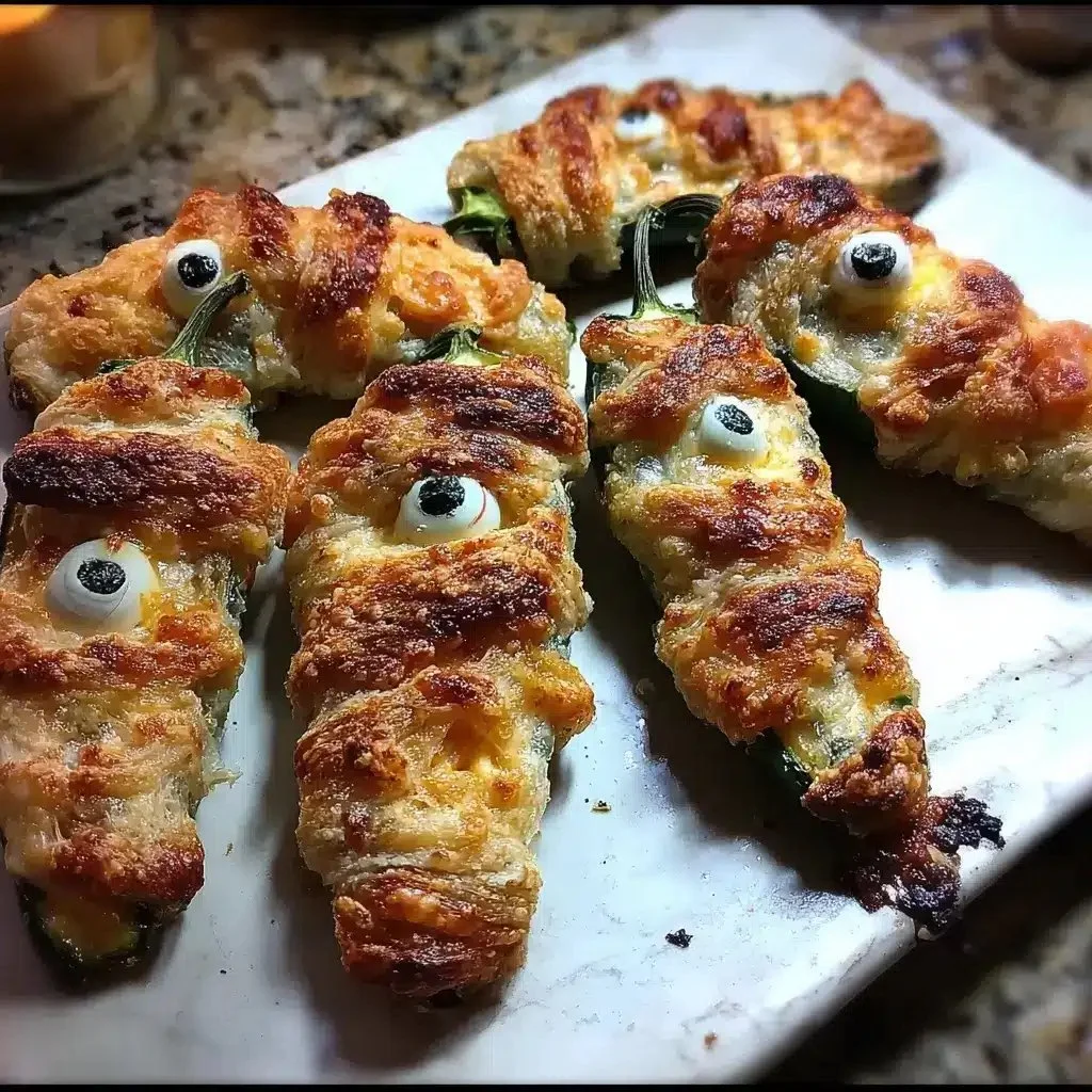 Baked Mummy Jalapeño Poppers decorated for Halloween