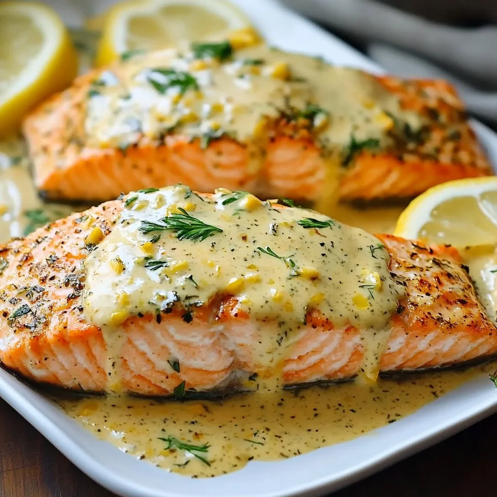 Baked salmon fillet with lemon dijon sauce served on a plate