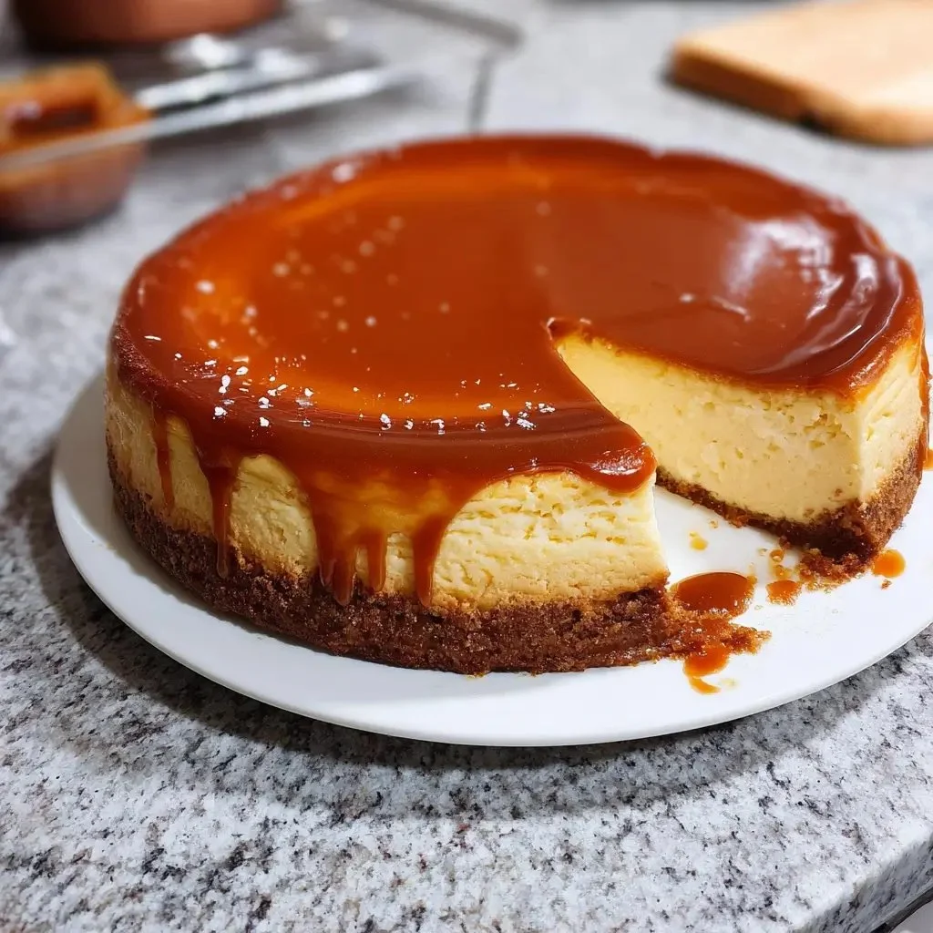 Delicious baked salted caramel cheesecake with drizzled caramel topping
