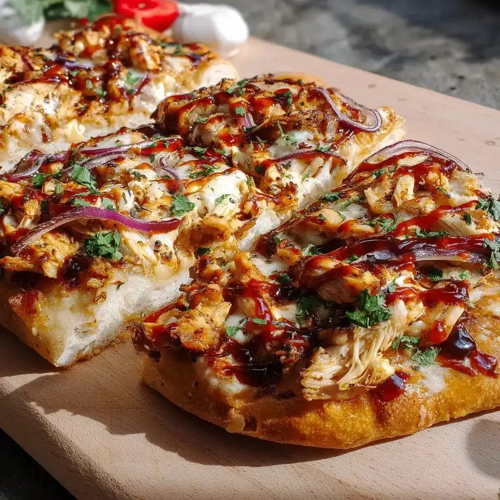 BBQ chicken flatbread topped with fresh ingredients and drizzled with sauce