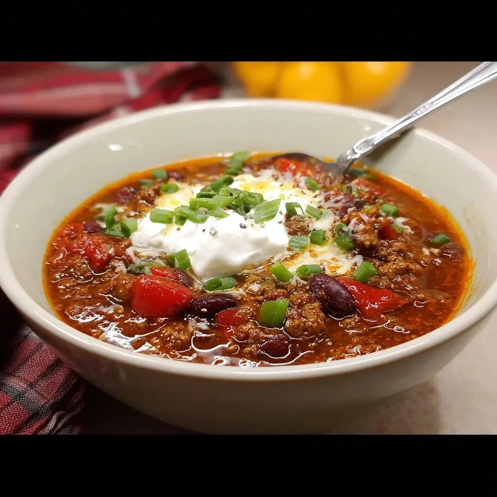 Image of a delicious bowl of Best Damn Chili Recipe topped with cheese and herbs