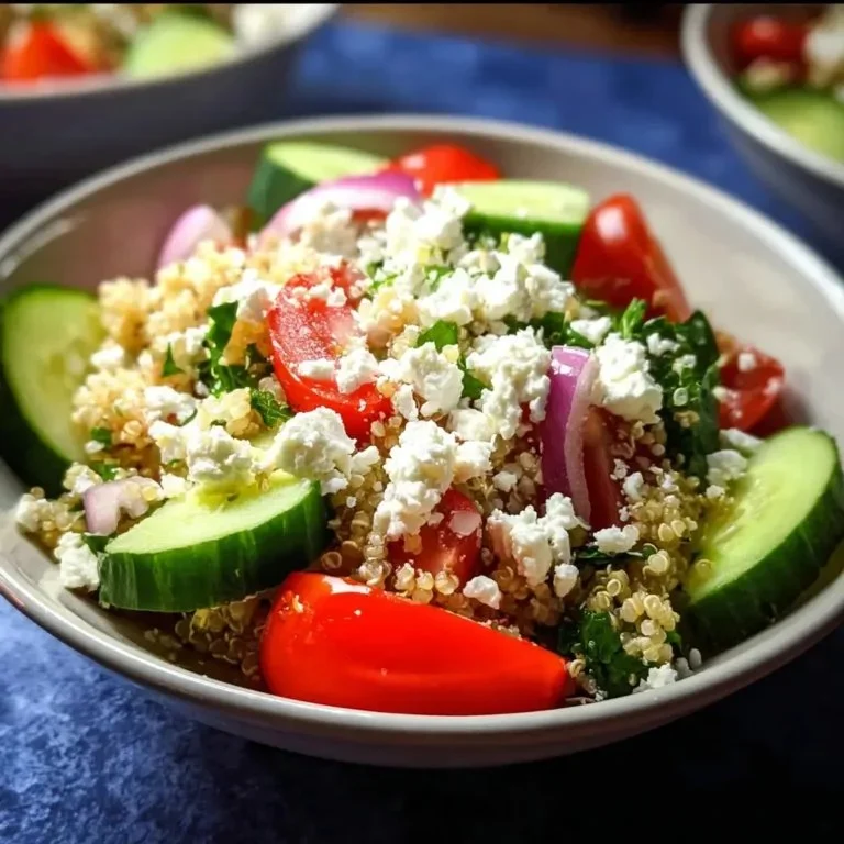 Bowl of Greek quinoa salad with fresh vegetables and herbs