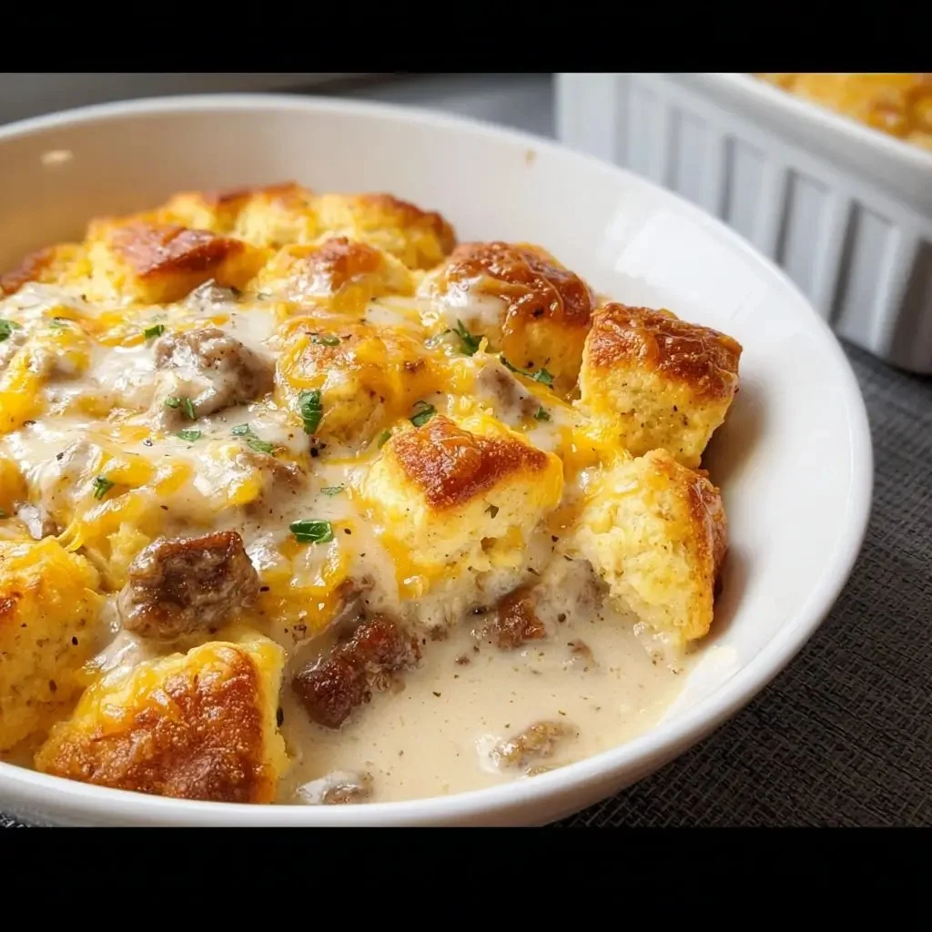 Delicious Biscuits and Gravy Casserole served in a dish