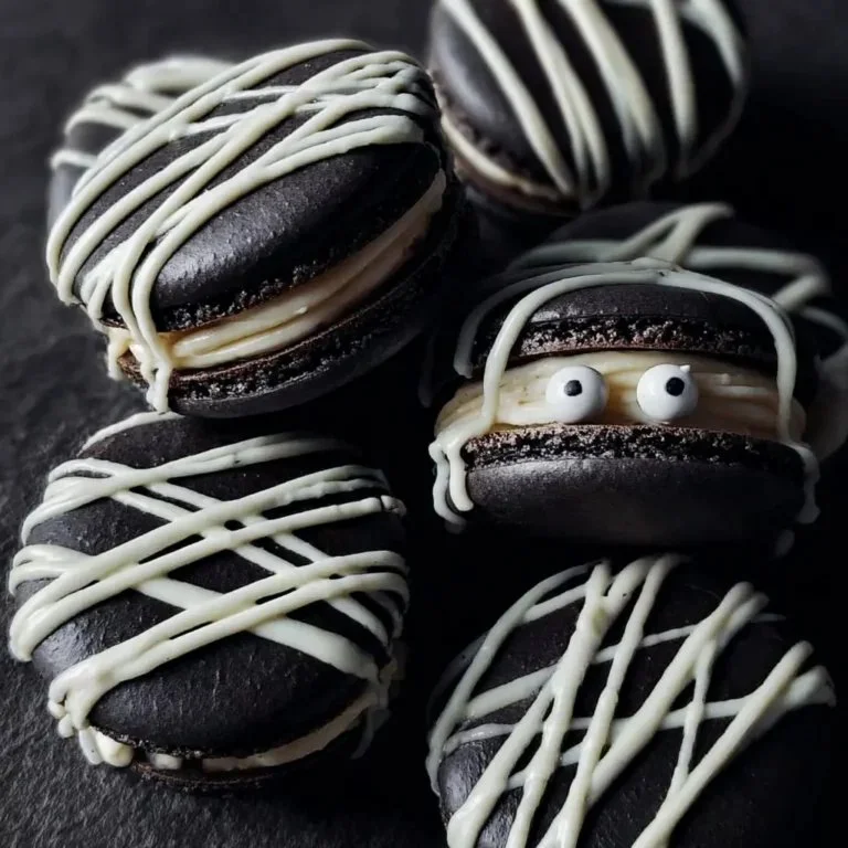 Black cocoa mummy macarons on a plate for Halloween celebration