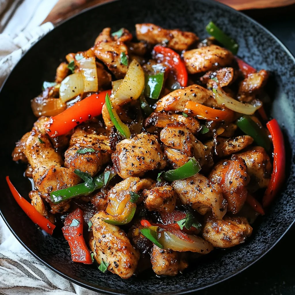 Delicious plate of black pepper chicken served with rice and vegetables