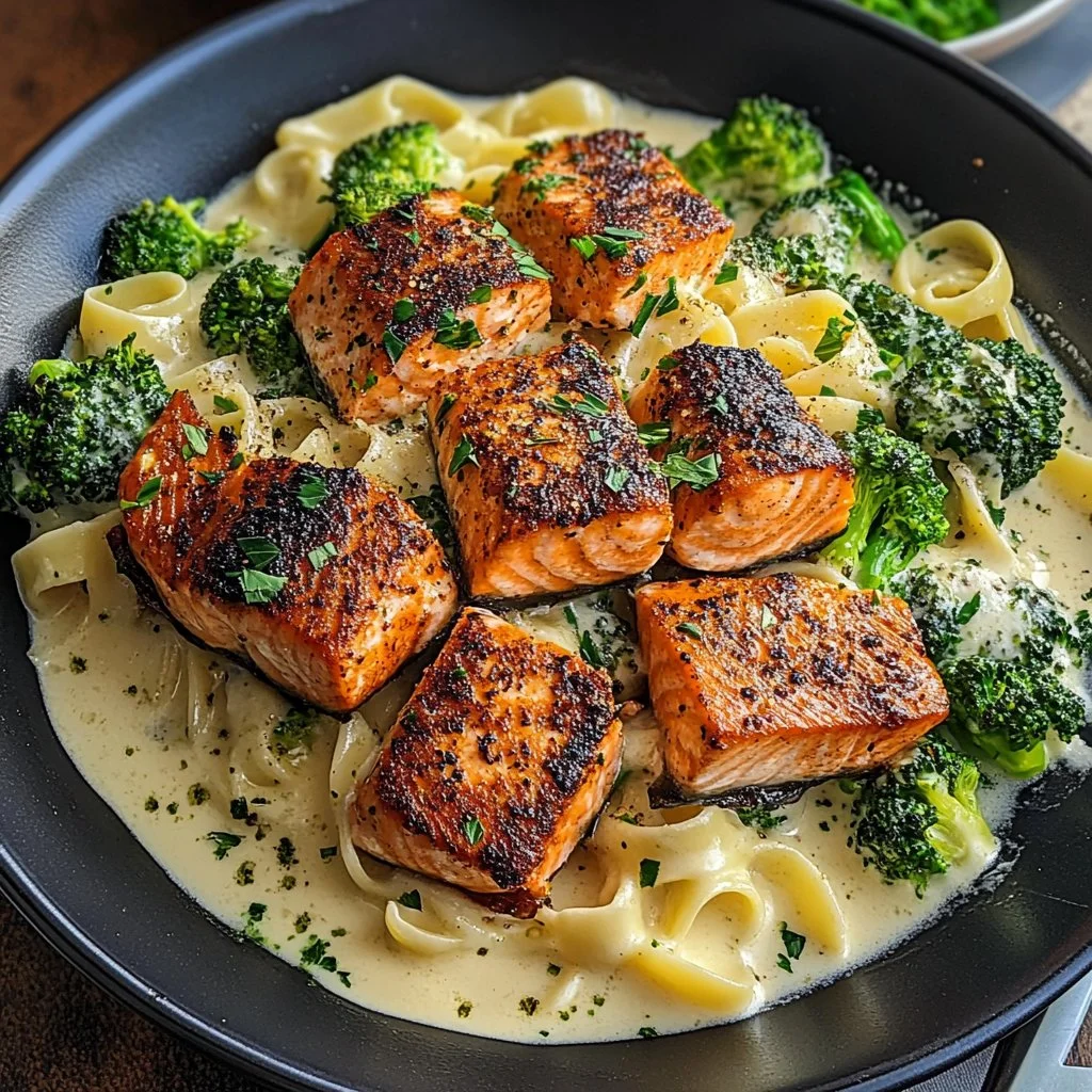 Plate of blackened salmon with broccoli Alfredo in a creamy sauce