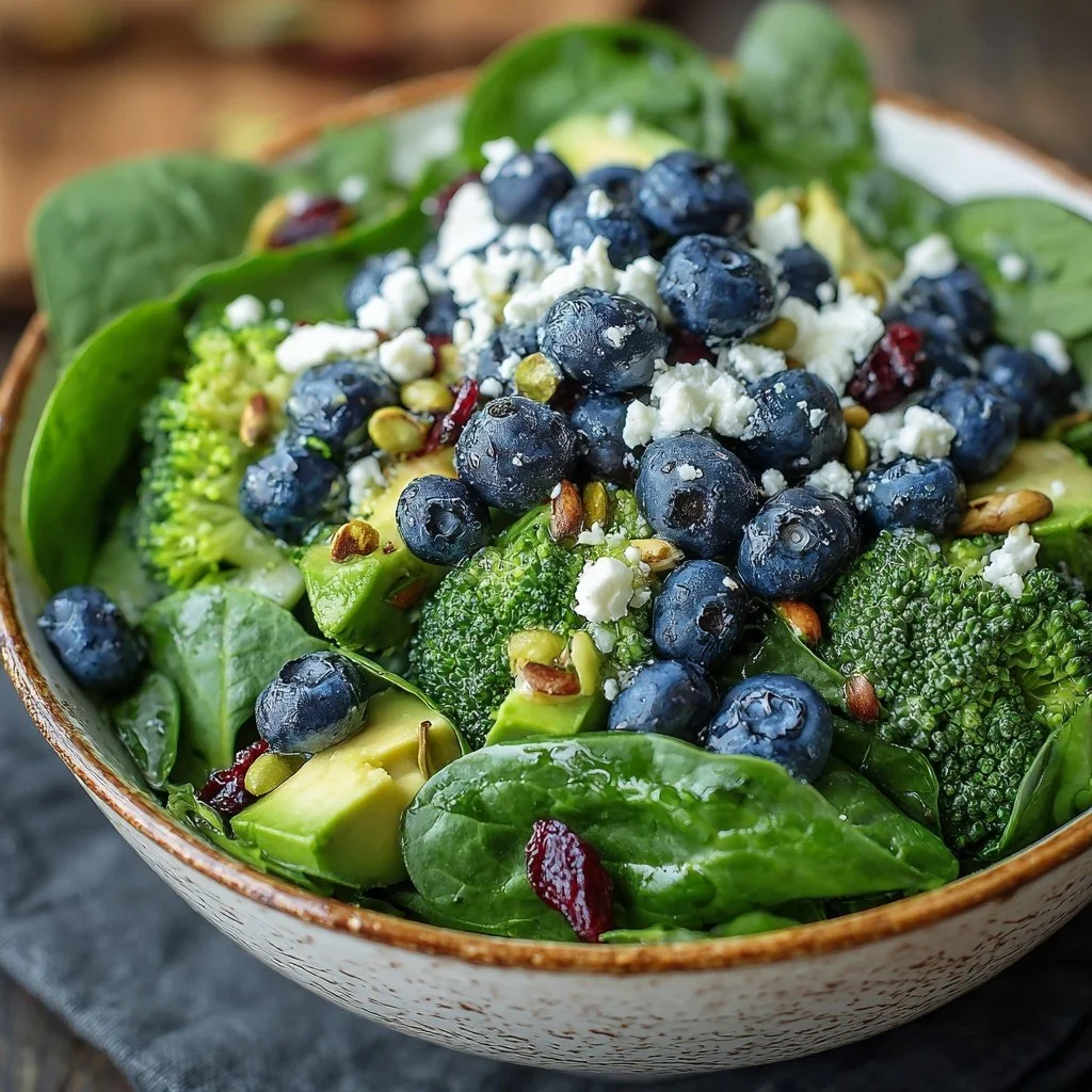 Delicious Blueberry Broccoli Spinach Salad with fresh ingredients and vibrant colors.